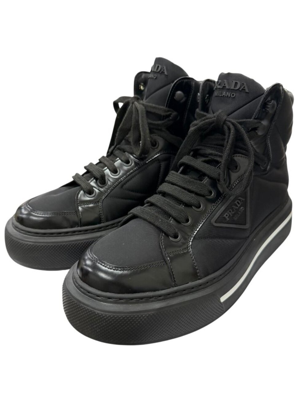 Prada Leather Triangle Logo Re-Nylon High-Top Sneakers Black 8